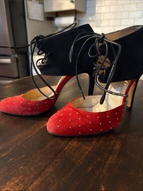 Red Suede Studded Pumps with Black Suede Ankle Cuff